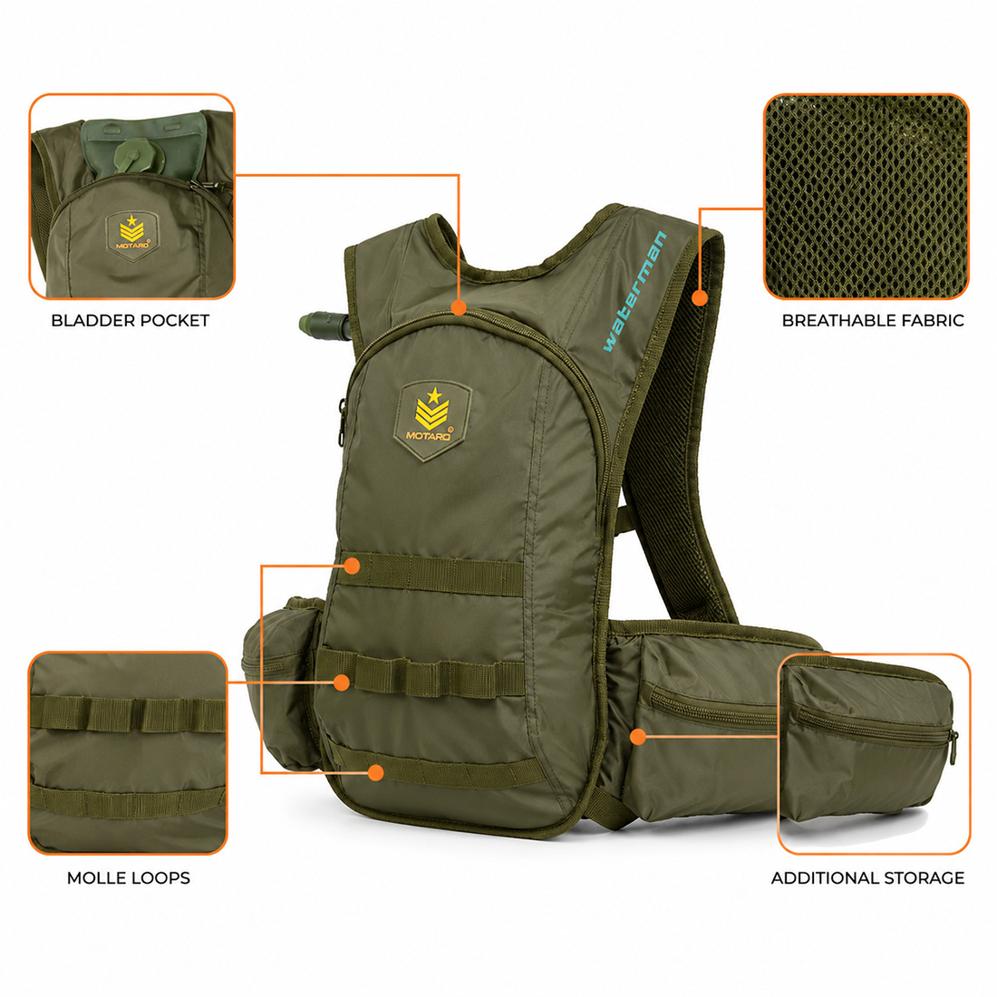 Motard Waterman H20 Hydration Tactical Backpack Olive Green with 3L Hydration Bladder - Image 6